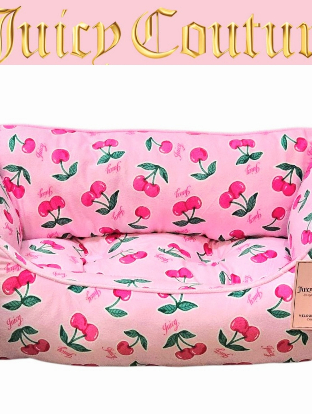 Juicy Couture Signature Logo Cherry Print Velour Pet‎ Bed Cuddler